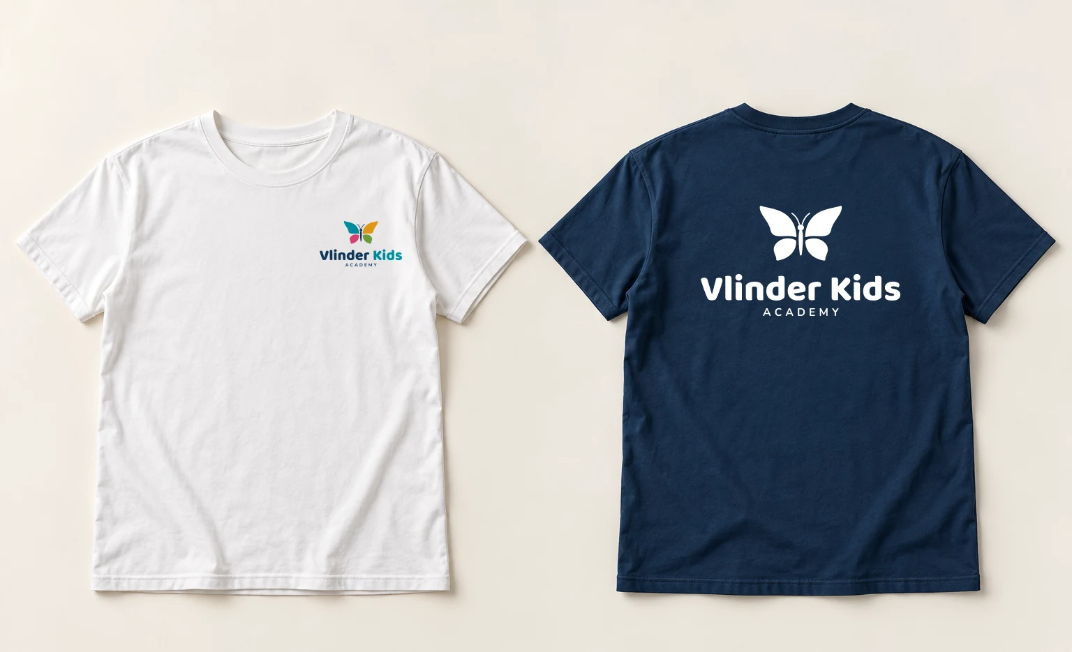 Proposta visual de t-shirts com o logótipo da Vlinder Kids Academy.